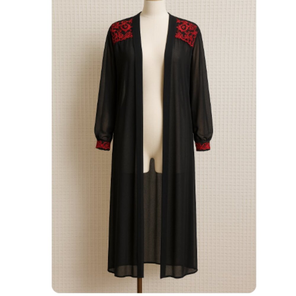Vintage Private Luxuries Sheer Black Kimono Red Floral Embroidery Lace Robe M